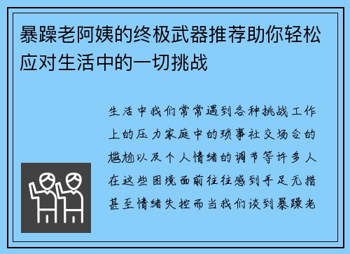 暴躁老阿姨的终极武器推荐助你轻松应对生活中的一切挑战