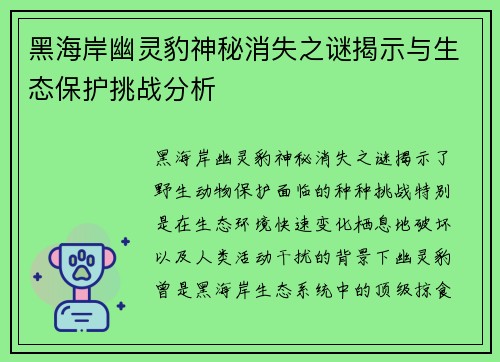 黑海岸幽灵豹神秘消失之谜揭示与生态保护挑战分析